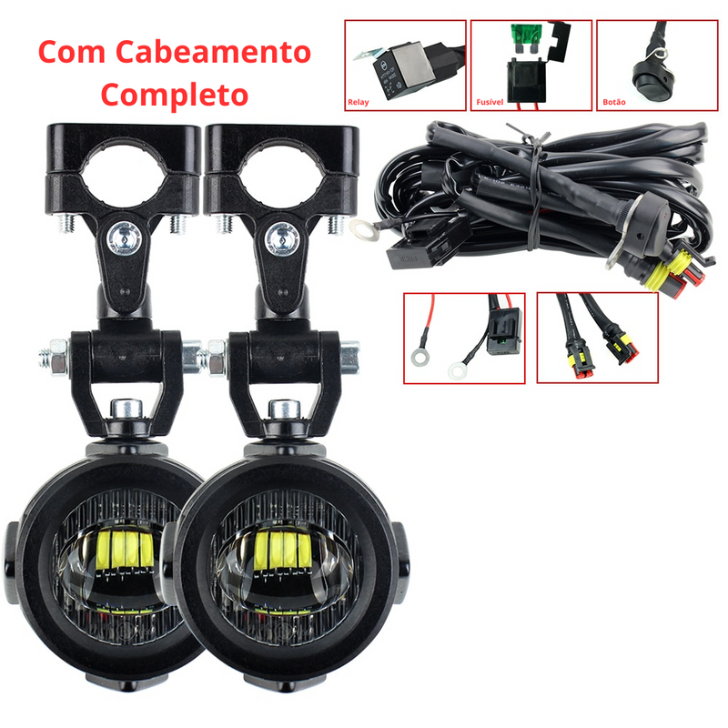 Kit Farol de Milha Auxiliar 40W 6000K p/ BMW R1250GS, R1200GS, F850GS, F800GS, F750GS, F700GS, F650, K1600 (Kit Universal)