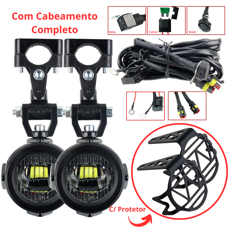 Kit Farol de Milha Auxiliar 40W 6000K p/ BMW R1250GS, R1200GS, F850GS, F800GS, F750GS, F700GS, F650, K1600 (Kit Universal)