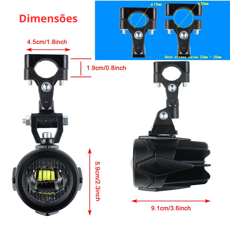 Kit Farol de Milha Auxiliar 40W 6000K p/ BMW R1250GS, R1200GS, F850GS, F800GS, F750GS, F700GS, F650, K1600 (Kit Universal)