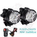 Kit Farol de Milha 90W 16000Lm (C/ 3 modos) ou Kit 40W 9000Lm c/ Chicote p/ BMW, Honda, Yamaha, Kawasaki, Ducati, Triumph, Suzuki